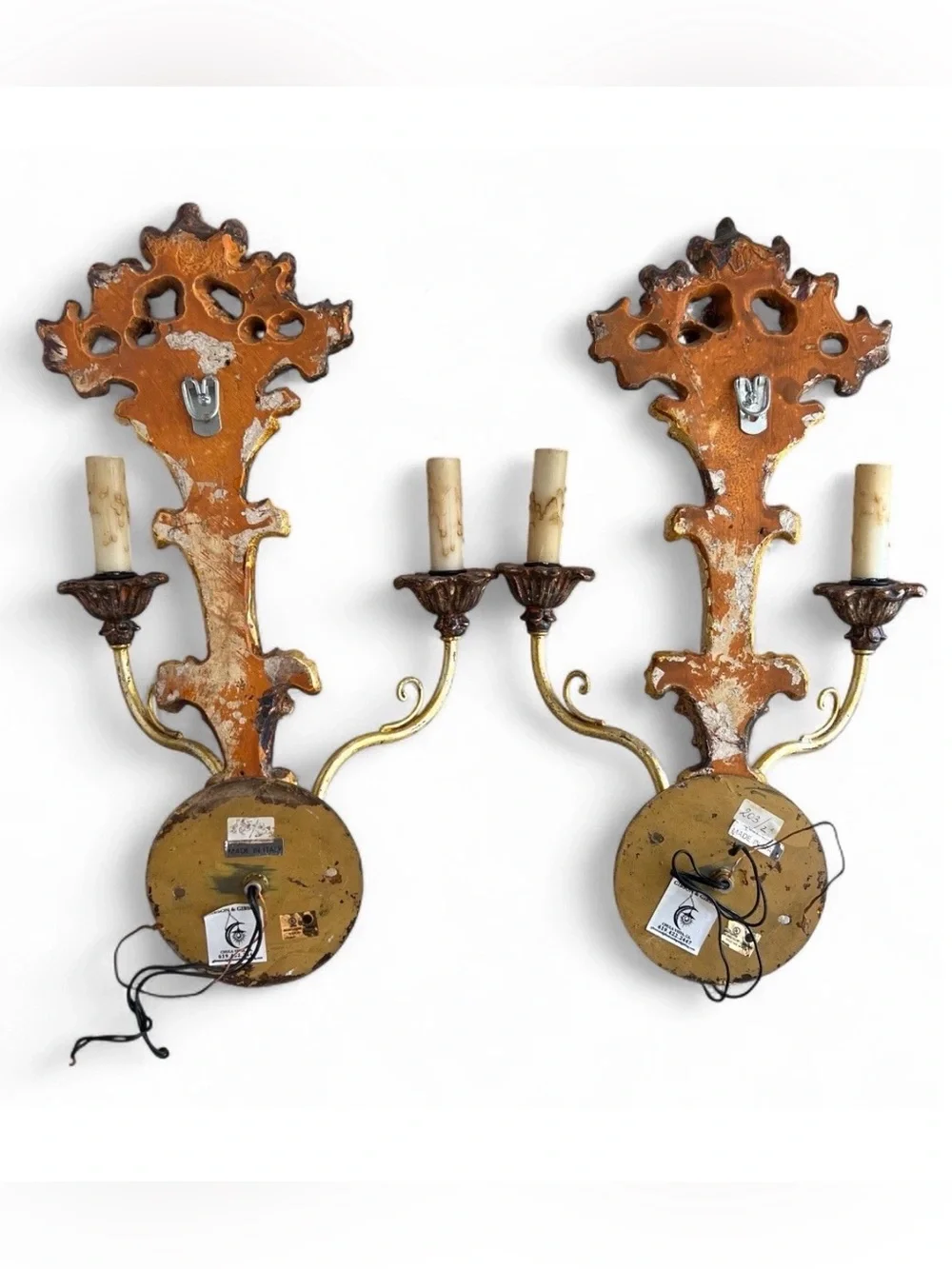 Pair Antique Carved Italian Gilt Gibson & Gibson 2-Arm Wired Wall Sconces